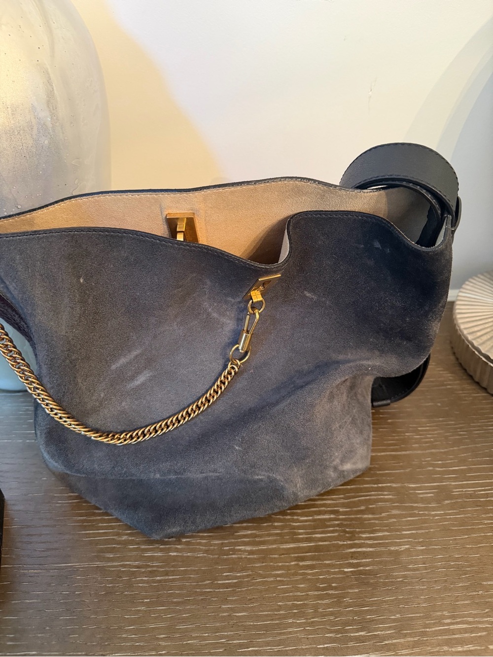 Suede Chain-Accent Hobo Bag in Charcoal Gray